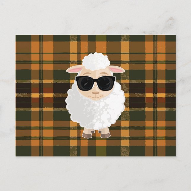 Cool Sheep Sunglasses Brown Green Plaid Cute Postcard (Front)