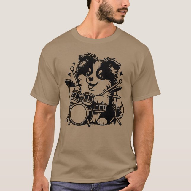 Cool Sheltie Puppy Drummer Band Design family T-Shirt (Front)