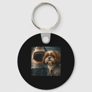 Cool shih tzu dog with shark selfie funny dark key ring
