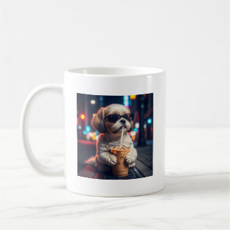 Cool Shih Tzu Puppy Sipping Iced Coffee City Night Mug