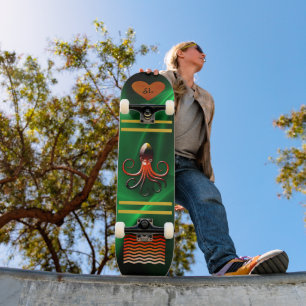 Cool Shiny Green Monogrammed Octopus Skateboard