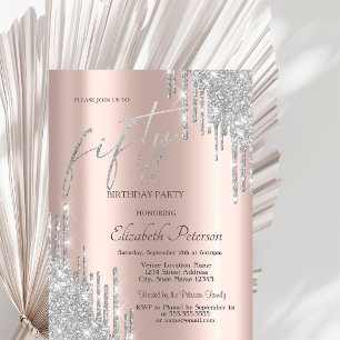 Cool Silver Glitter Drips 50th Birthday Invitation