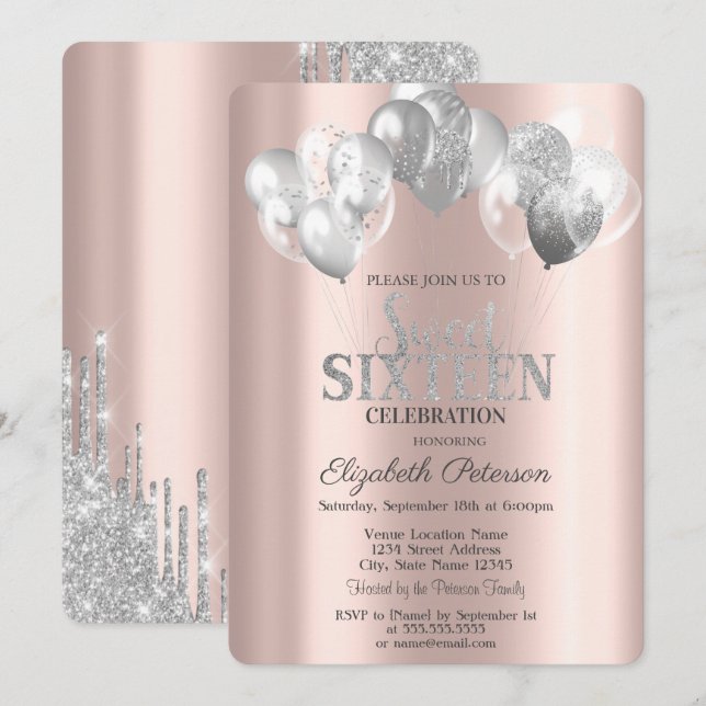 Cool Silver Glitter Drips Balloons Sweet 16  Invitation (Front/Back)