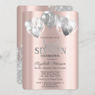 Cool Silver Glitter Drips Balloons Sweet 16  Invitation