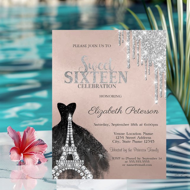 Cool Silver Glitter Drips Black Dress Sweet 16  Invitation (Creator Uploaded)