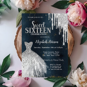 Cool Silver Glitter Drips,Dress Dark Blue Sweet 16 Invitation