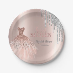 Cool Silver Glitter Drips,Dress Rose Gold Paper Plate