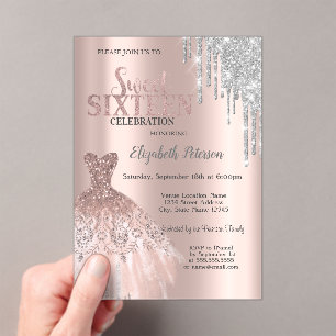 Cool Silver Glitter Drips,Dress Rose Gold Sweet 16 Acrylic Invitations