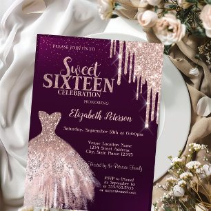 Cool Silver Glitter Drips,Dress Rose Gold Sweet 16 Invitation