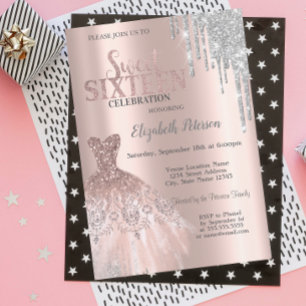 Cool Silver Glitter Drips,Dress Rose Gold Sweet 16 Invitation