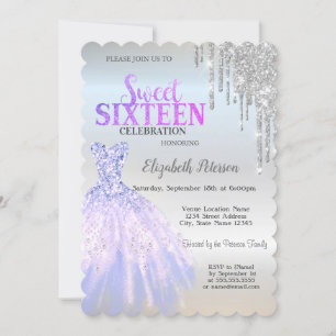 Cool Silver Glitter Drips,Dress Silver Sweet 16 Invitation