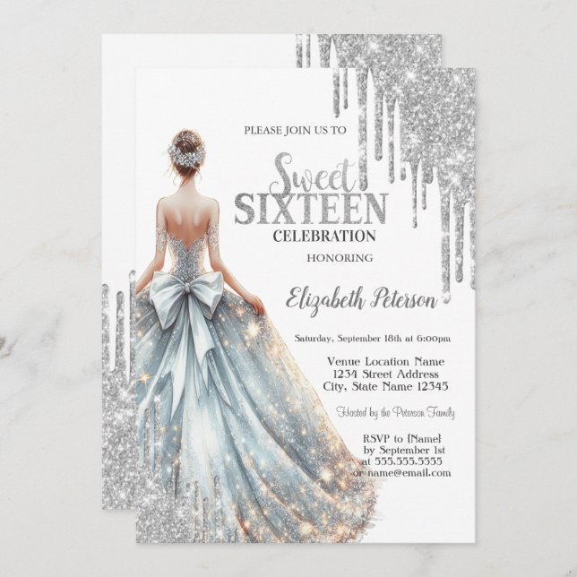 Cool Silver Glitter Drips,Girl Dress Sweet 16 Invitation (Front/Back)