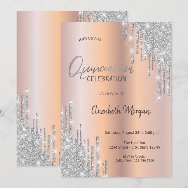 Cool Silver Glitter Drips Quinceañera  Invitation (Front/Back)