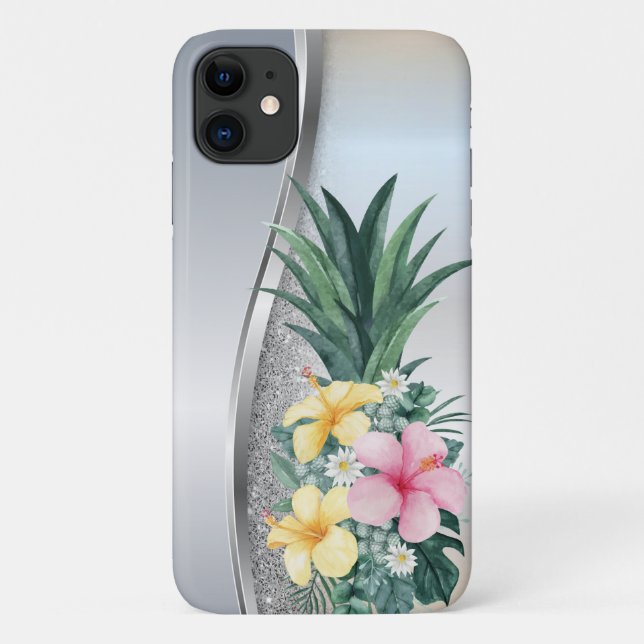 Cool Silver Glitter Pineapple Tropical Flowers Case-Mate iPhone Case (Back)