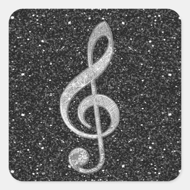 Cool silver glitter shining effects treble clef square sticker (Front)