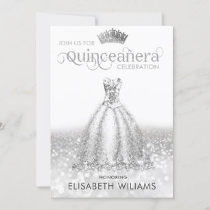 Cool Silver glittery dress  tiara Quinceañera  Invitation