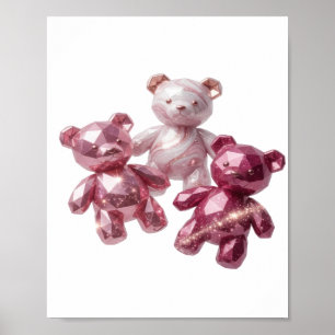 Cool Silver THREE PINK TEDDY BEARS Modern Design Poster