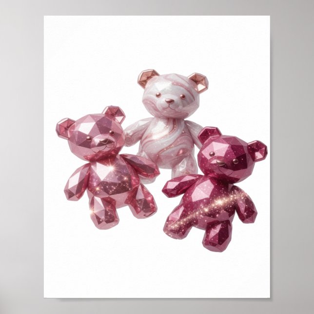 Cool Silver THREE PINK TEDDY BEARS Modern Design Poster (Front)