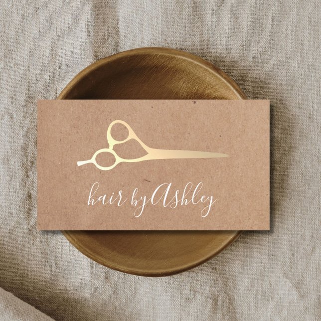 Cool Simple Kraft Faux Gold Scissors Hair Stylist Business Card (Creator Uploaded)