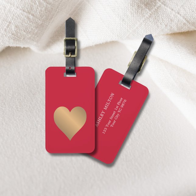 Cool Simple Red Faux Gold Heart Luggage Tag (Creator Uploaded)