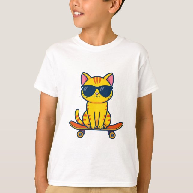 Cool Skateboarding Cat Kids T-Shirt – Fun Cartoon  (Front)
