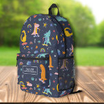 Cool Skateboarding Dinosaur Personalised Kids Name Printed Backpack<br><div class="desc">Super fun backpack featuring dinosaurs on skateboards and scooters and your child's name. Add an extra bonus line of text - phone number, team name, saying, etc. - or delete. Roomy enough for books, computer, sports gear and more - or use as a travel or sleepover bag too. Cool and...</div>