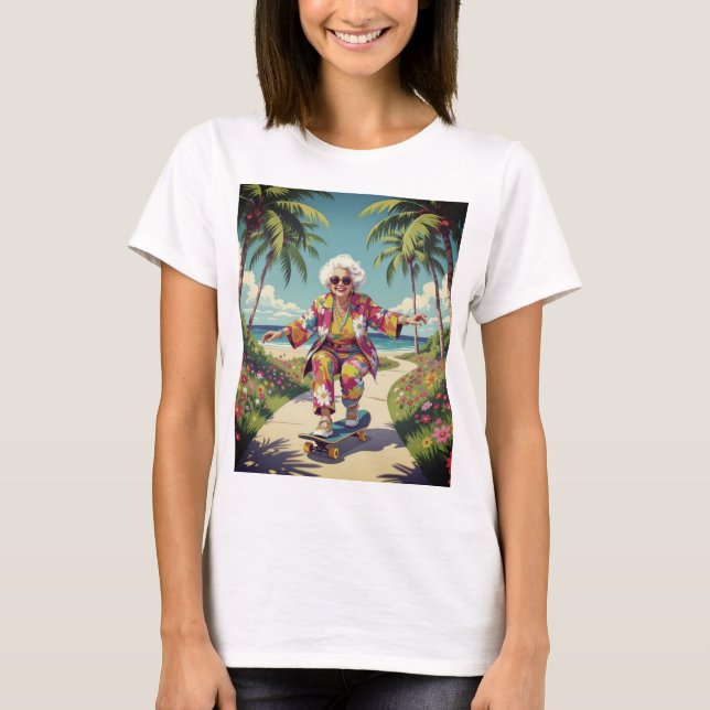 Cool Skateboarding Grandma Tropical T-Shirt (Front)