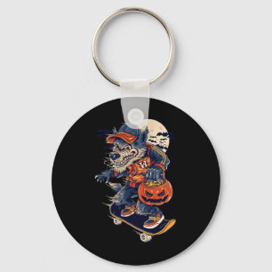 Cool Skateboarding Wolf Carrying A Halloween Pumpk Key Ring
