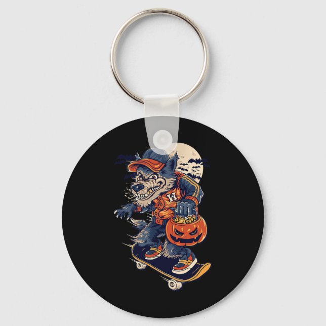 Cool Skateboarding Wolf Carrying A Halloween Pumpk Key Ring (Front)
