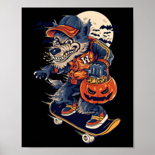 Cool Skateboarding Wolf Carrying A Halloween Pumpk Poster