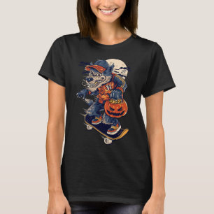 Cool Skateboarding Wolf Carrying A Halloween Pumpk T-Shirt