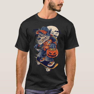 Cool Skateboarding Wolf Carrying A Halloween Pumpk T-Shirt