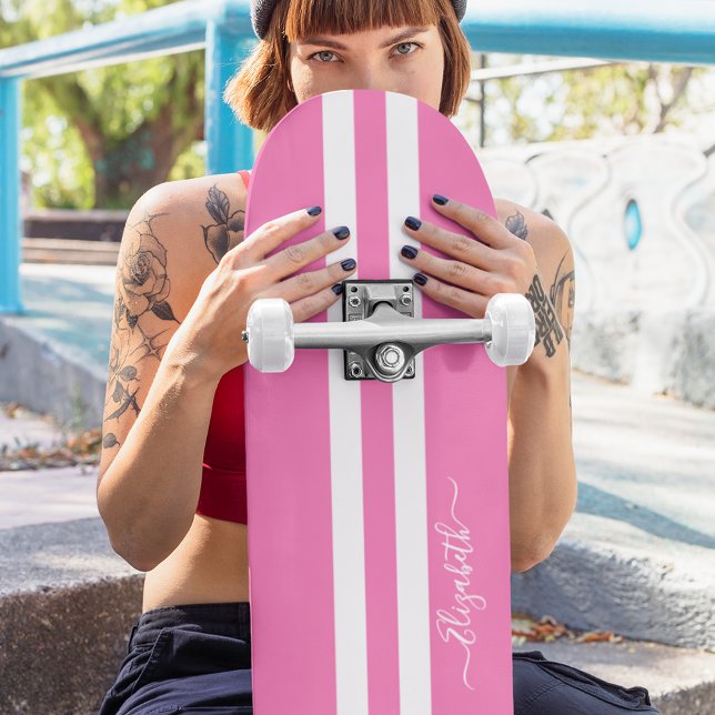 Cool Skater Girl Girly Pink White Racing Stripes Skateboard (Cool Skater Girl Girly Pink White Racing Stripes Skateboard)