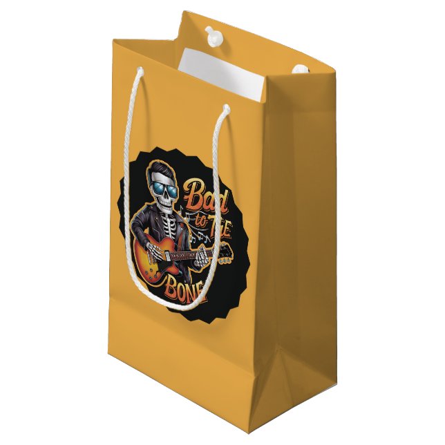 Cool Skeleton Bad to the Bone with Guitar Small Gift Bag (Front Angled)