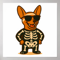 Cool skeleton dog Halloween poster, cute puppy ill