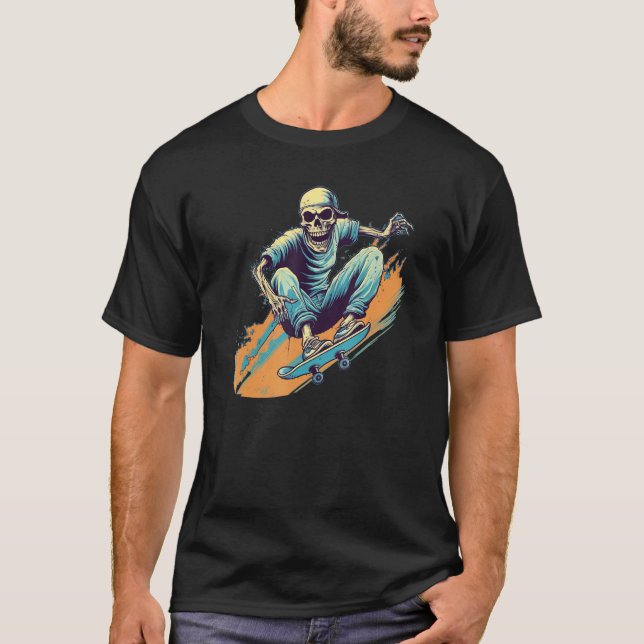 Cool Skeleton Face with Skateboard Stunt T-Shirt (Front)