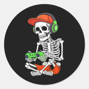 Cool Skeleton Gamer Video Gaming Halloween Men Tee Classic Round Sticker