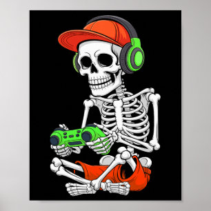 Cool Skeleton Gamer Video Gaming Halloween Men Tee Poster