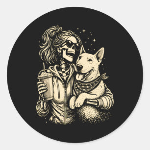 Cool Skeleton Girl With Dog - Gothic Pet Lover Classic Round Sticker