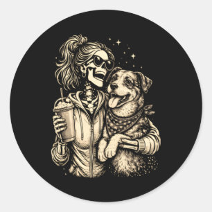 Cool Skeleton Girl With Dog - Gothic Pet Lover Classic Round Sticker
