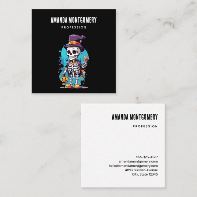 Cool Skeleton in a Top Hat Halloween Square Business Card (Front/Back)