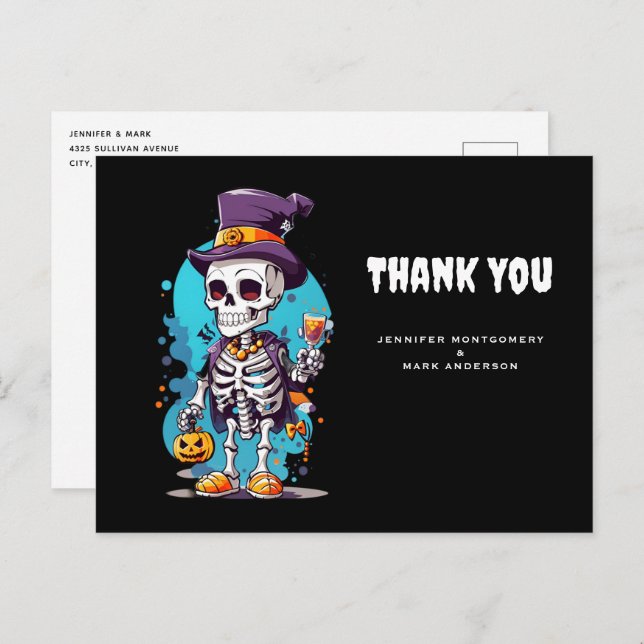 Cool Skeleton in a Top Hat Halloween Thank You Postcard (Front/Back)