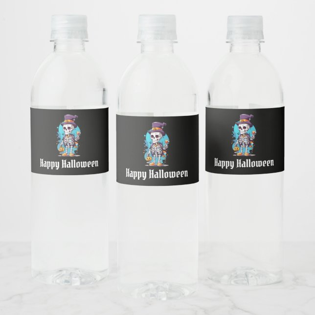 Cool Skeleton in a Top Hat Halloween Water Bottle Label (Bottles)