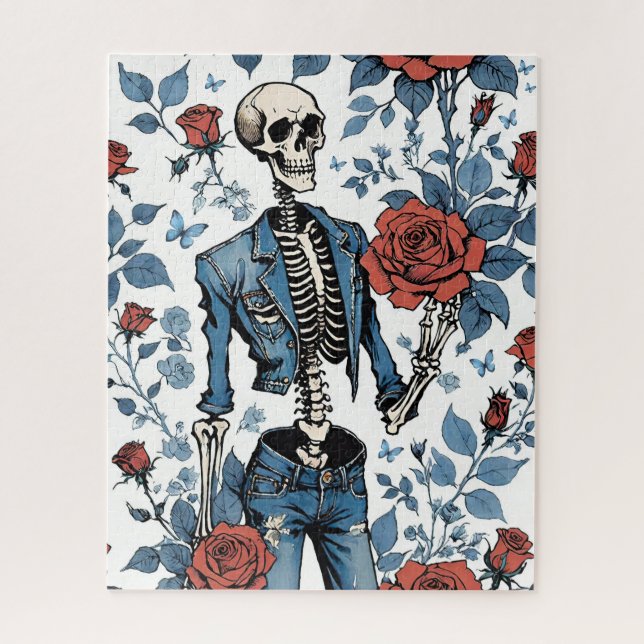 Cool Skeleton In Jean Jacket with Red Roses Jigsaw Puzzle (Vertical)
