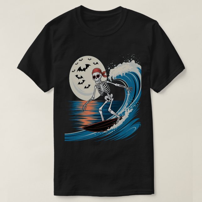 Cool Skeleton Surfing at Night – Halloween Beach T-Shirt (Design Front)