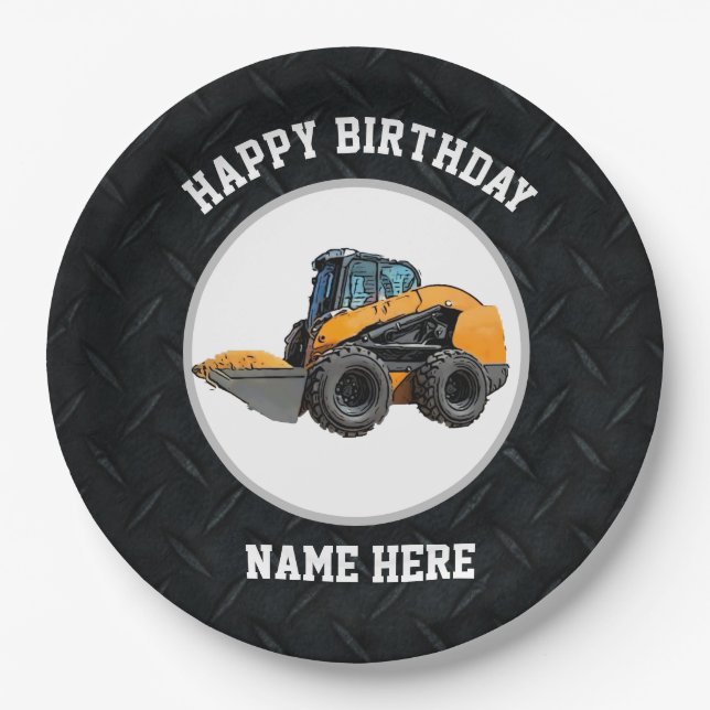 Cool Skid Steer Heavy Equipment Machinery Birthday Paper Plate (Front)