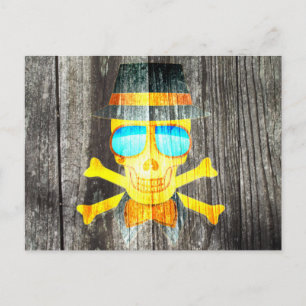 Cool Skull glasses hat wood grey background effect Postcard