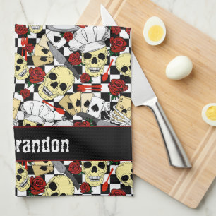 Cool Skulls Wearing Chef Hats Red Roses Chequered Tea Towel