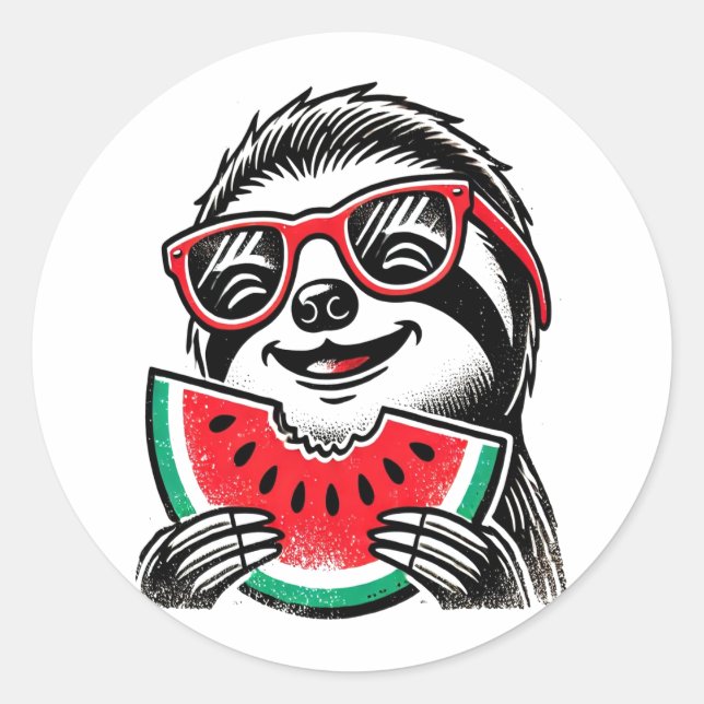 Cool Sloth Eating Watermelon Classic Round Sticker (Front)