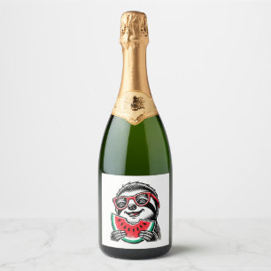 Cool Sloth Eating Watermelon Sparkling Wine Label